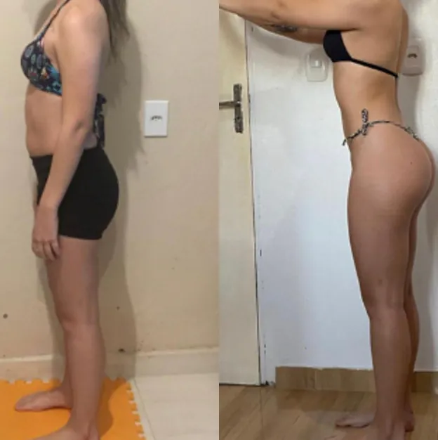Antes e depois de uma aluna, de perfil. À esquerda, a foto do início, de top e short. À direita, a foto mais recente, de biquíni, com as mãos apoiadas na parede.