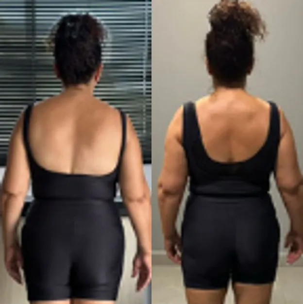 Antes e depois de uma aluna, de costas, de macaquinho preto. À esquerda, o início; à direita, a foto mais recente.