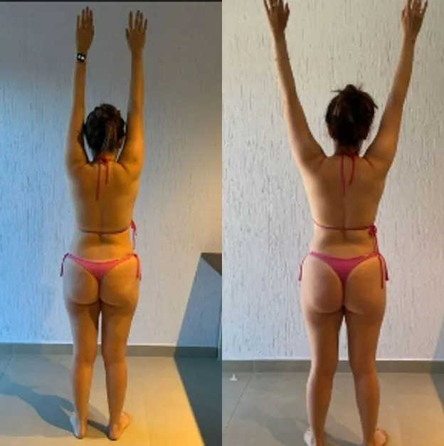 Antes e depois de uma aluna, de costas, com os braços erguidos e o mesmo biquíni rosa nas duas fotos. À esquerda, o início; à direita, a foto mais recente.