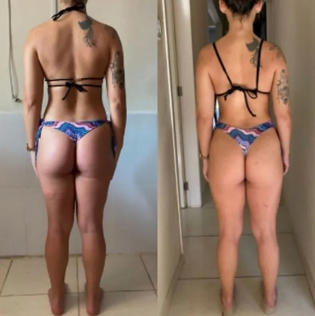 Antes e depois de uma aluna, de costas, com o mesmo biquíni estampado nas duas fotos. À esquerda, o início; à direita, a foto mais recente.