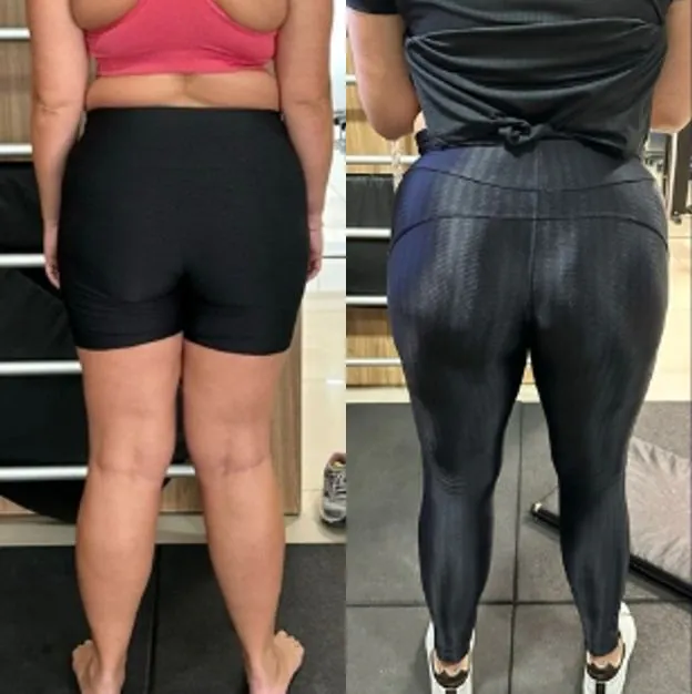 Antes e depois de uma aluna, de costas. À esquerda, a foto do início, de top e short. À direita, a foto mais recente, de legging e camiseta, na academia.