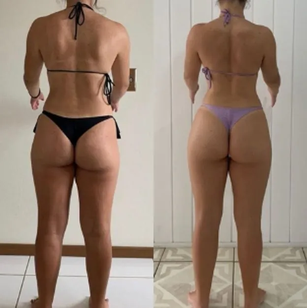 Antes e depois de uma aluna, de costas, de biquíni. À esquerda, o início; à direita, a foto mais recente.