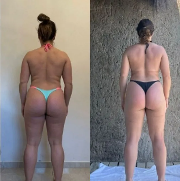 Antes e depois de uma aluna, de costas, de biquíni. À esquerda, o início, em casa; à direita, a foto mais recente, ao ar livre.