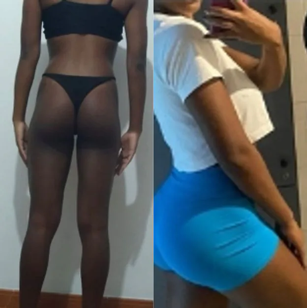 Antes e depois de uma aluna. À esquerda, a foto do início, de costas, de biquíni. À direita, a foto mais recente, de perfil, de camiseta branca e short azul, numa selfie no espelho da academia.