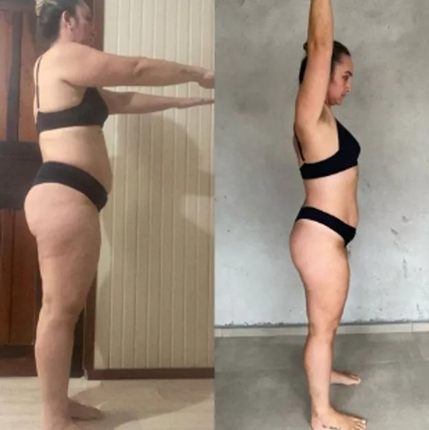 Antes e depois de uma aluna, de perfil, de top e calcinha pretos. À esquerda, o início, com os braços estendidos à frente; à direita, a foto mais recente, com um braço erguido.