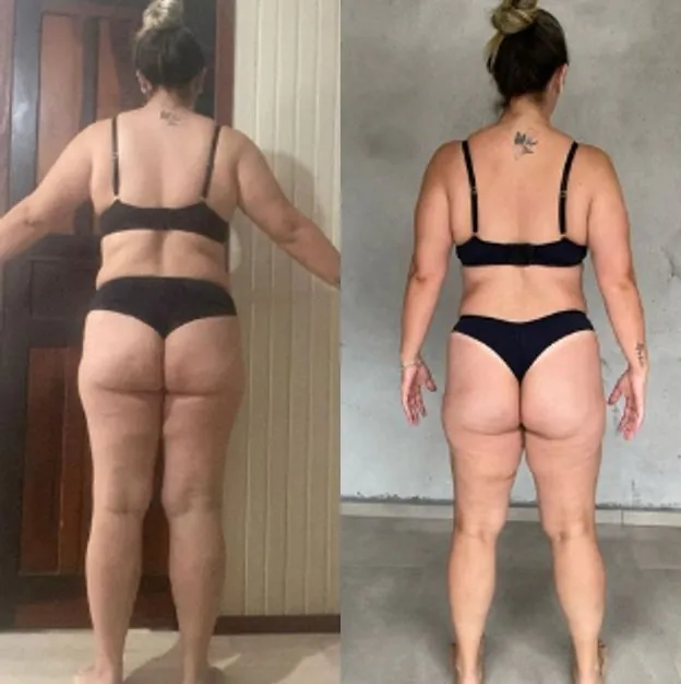 Antes e depois de uma aluna, de costas, de sutiã e calcinha, com os braços levemente abertos. À esquerda, o início; à direita, a foto mais recente.