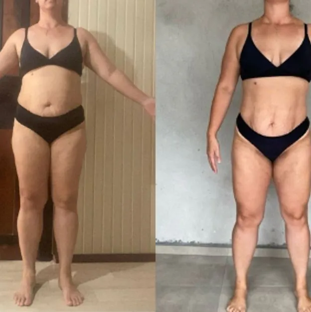 Antes e depois de uma aluna, de frente, de conjunto preto, com os braços levemente abertos. À esquerda, o início; à direita, a foto mais recente.